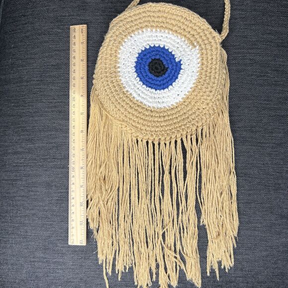 Wayan Natural Wear Round Crochet Evil Eye Shoulder Crossbody Bag Fringe Zip 7" - Picture 10 of 10